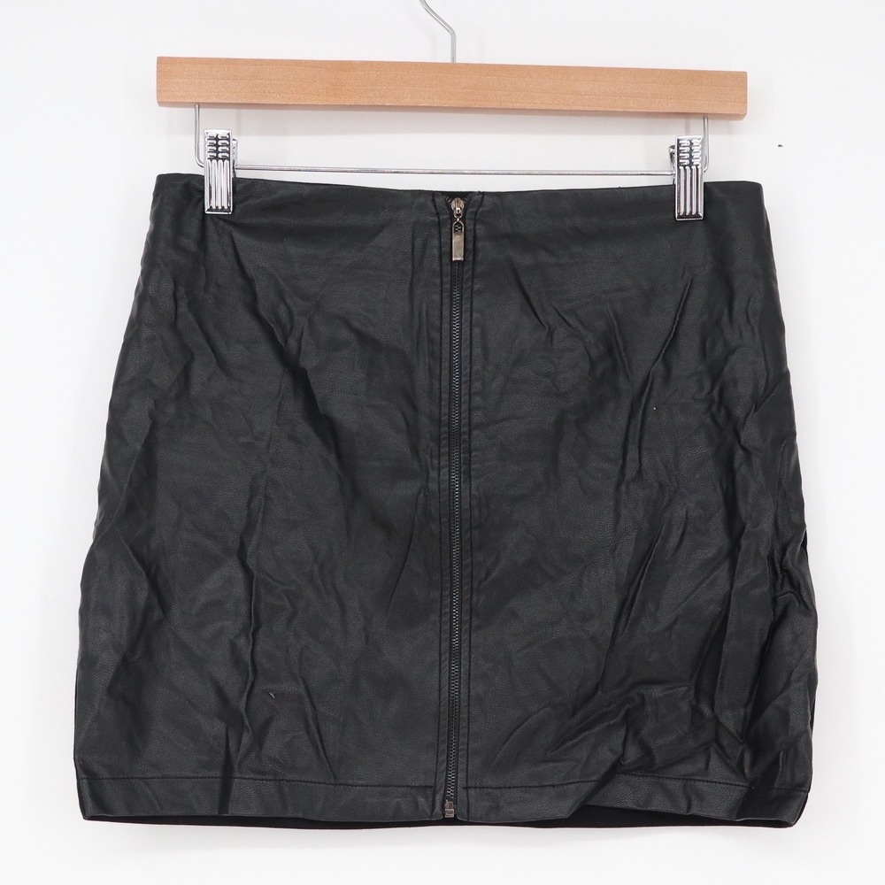 Mango Suit Black Faux Leather Front Zip Mini Skirt Small Mixed Media Slim Fit